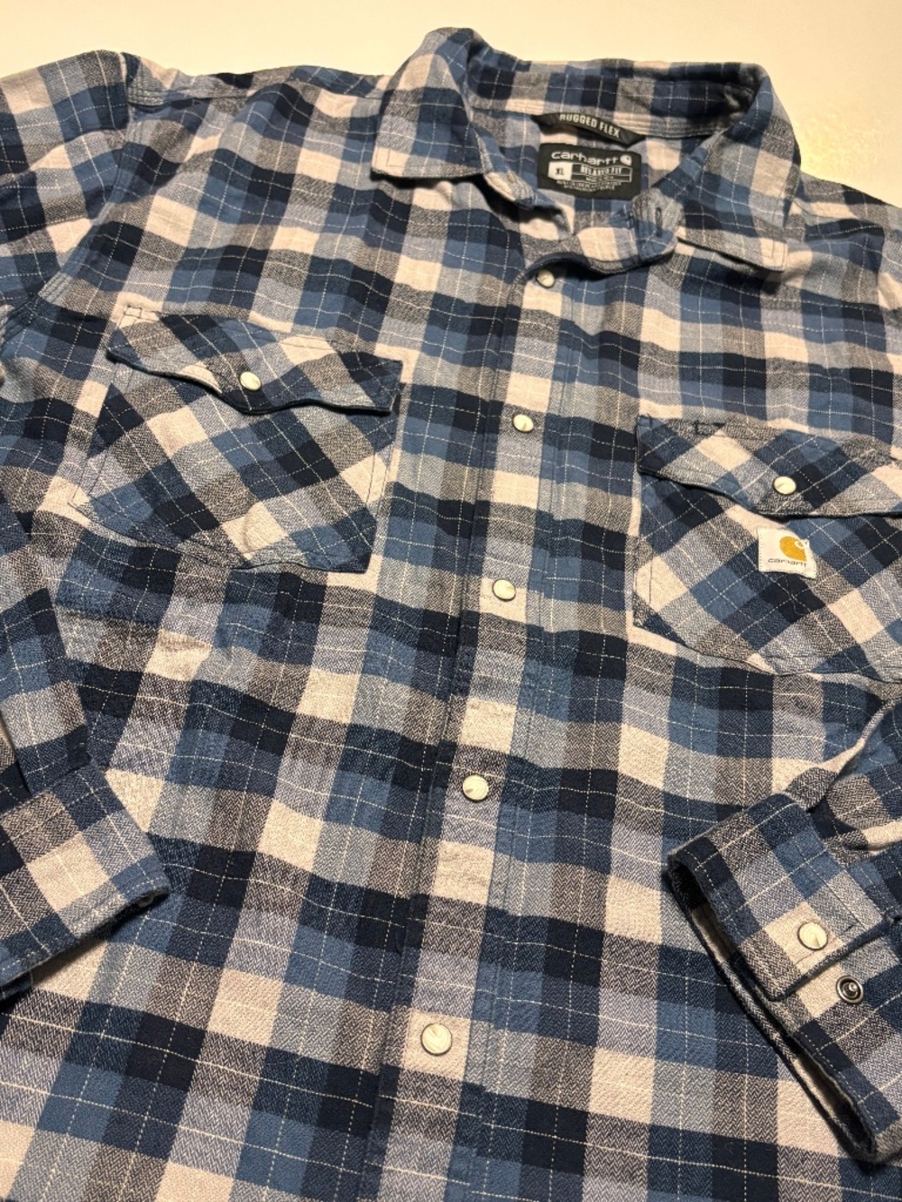 Mens Blue and White Plaid Pearl Snap Rugged Flex Carhatt Relax Fit Size XL